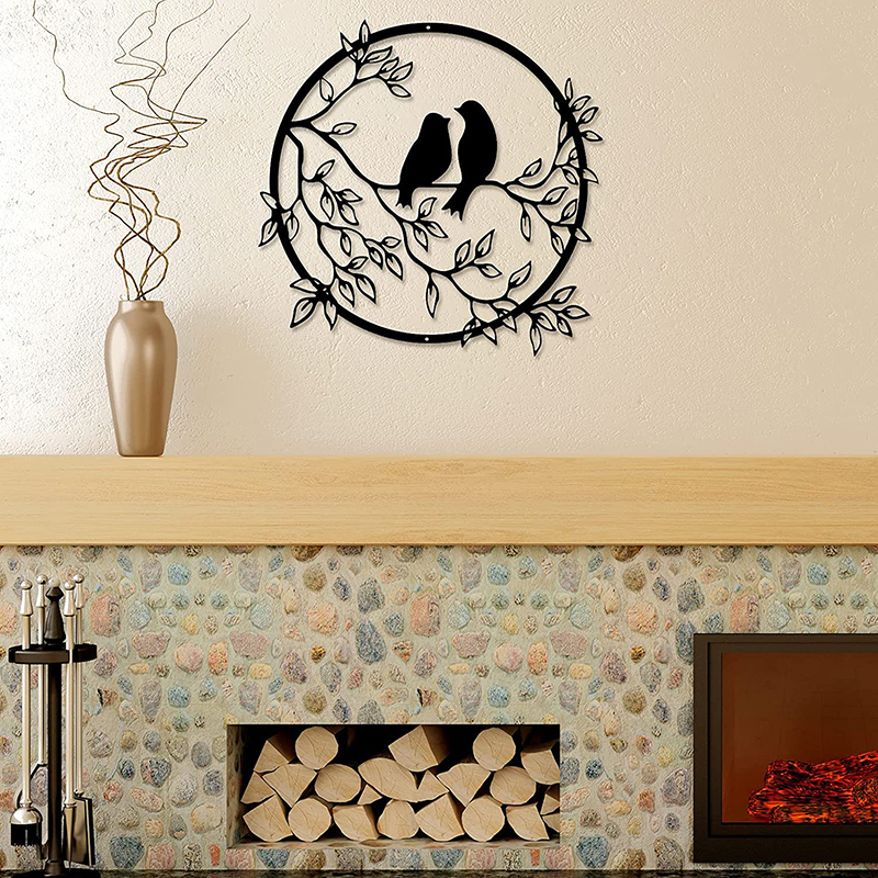 Milalit Metal Wall Round Craft Decor Art Bird on Tree Branch Silhouette for Living Wedding Room Bedroom Office Home Housewarming Party