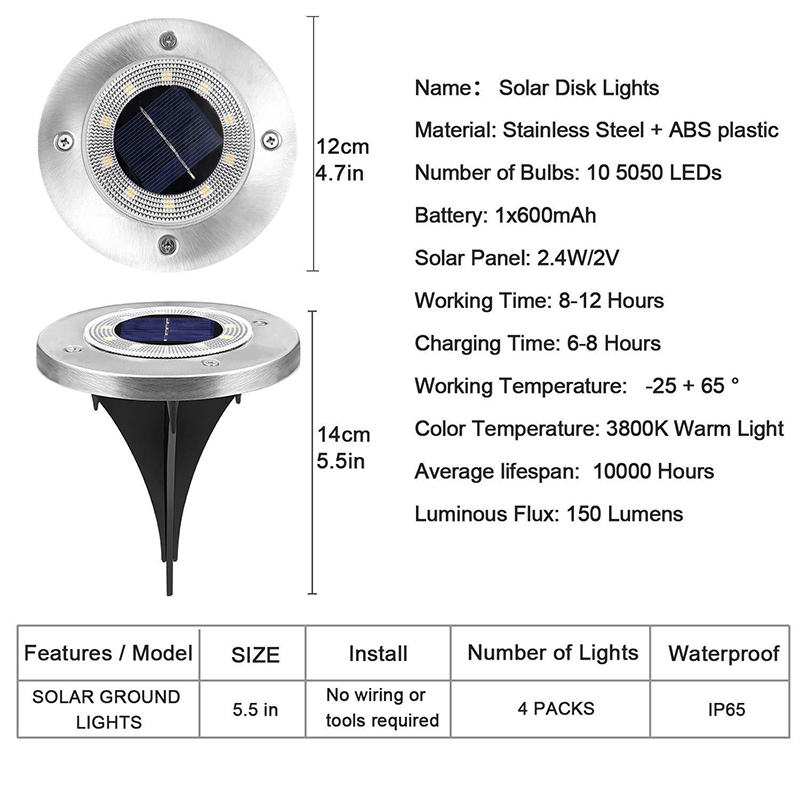 Milalit Solar Ground Lights Outdoor 8 LED SMD5050 Waterproof Stainless Steel Lawn Lights with Rippled Cover for Garden Yard Pathway Driveway Decoration