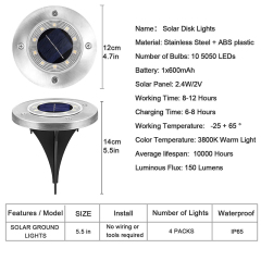 Milalit Solar Ground Lights Outdoor 8 LED SMD5050 Waterproof Stainless Steel Lawn Lights with Rippled Cover for Garden Yard Pathway Driveway Decoration