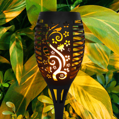 Milalit New Hollow Pattern Solar Tiki Flame Torch Light 14LED Wall Mounted Hook Hanging Ground Insert Flickering Dance Fire Table Lamps Dance Fire Wall Mounted Flame Stake Lamp Garden Torch Light with Ground Base Hanging Lawn Insert Accessories