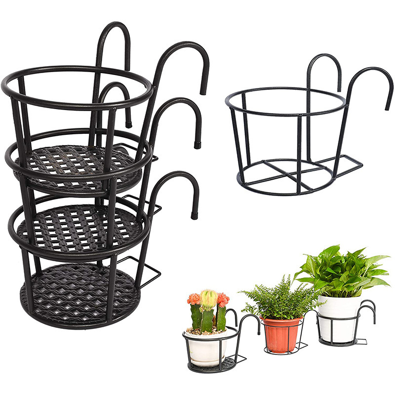 Milalit Iron Metal Flower Pot Green Plant Basket Black Outdoor Indoor Hanging Rack Stand Holder for Balcony Garden Fence Decoration