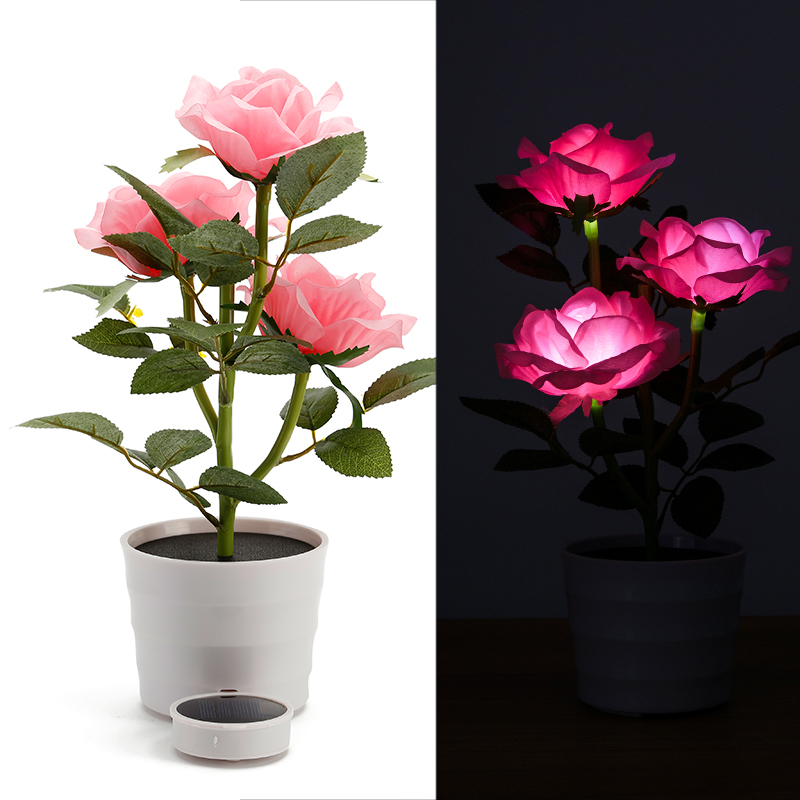 Milalit 3 LED Solar Powered Rose Flowerpot Light Waterproof Artificial Floral Decorative Lamps for Table Balcony Garden Yard Patio Decor Decorative Artificial Rose Light Flower Pot 3 LED Lamp for Holiday Festival Valentine Birthday Thanksgiving Party