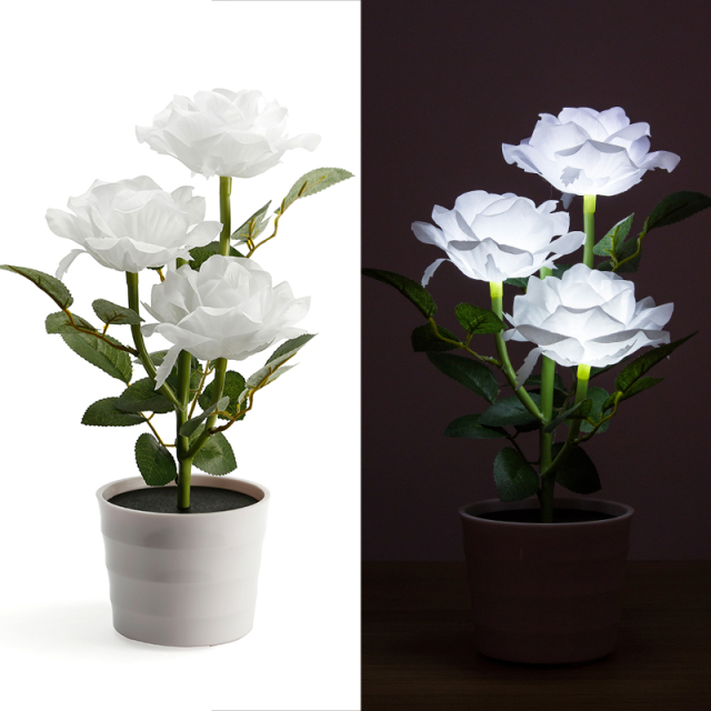 Milalit 3 LED Solar Powered Rose Flowerpot Light Waterproof Artificial Floral Decorative Lamps for Table Balcony Garden Yard Patio Decor Decorative Artificial Rose Light Flower Pot 3 LED Lamp for Holiday Festival Valentine Birthday Thanksgiving Party