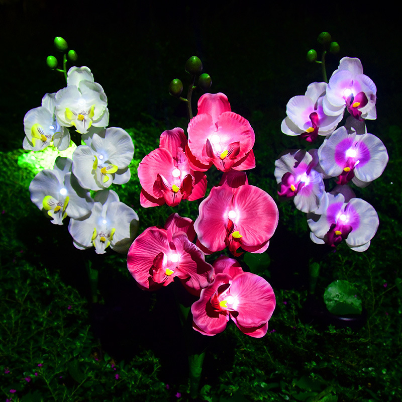 Milalit Natural Solar Artificial Phalaenopsis Flower Light Stainless Butterfly Orchid Fabric Stake Lawn Lamp for Garden Villa Decor Wireless Butterfly Orchid LED Lamp Pink Purple White Yellow Flower Branches Floral Stem Stake Light for Park Yard