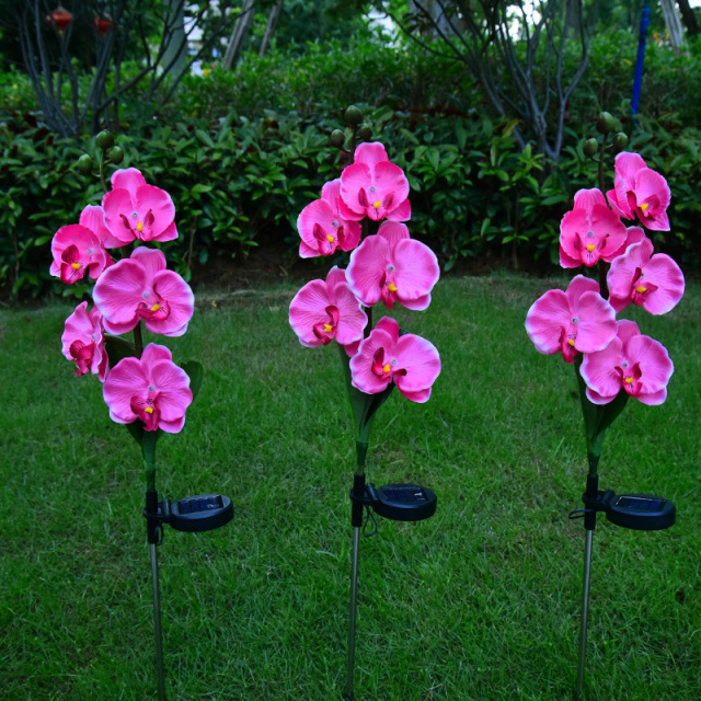 Milalit Natural Solar Artificial Phalaenopsis Flower Light Stainless Butterfly Orchid Fabric Stake Lawn Lamp for Garden Villa Decor Wireless Butterfly Orchid LED Lamp Pink Purple White Yellow Flower Branches Floral Stem Stake Light for Park Yard