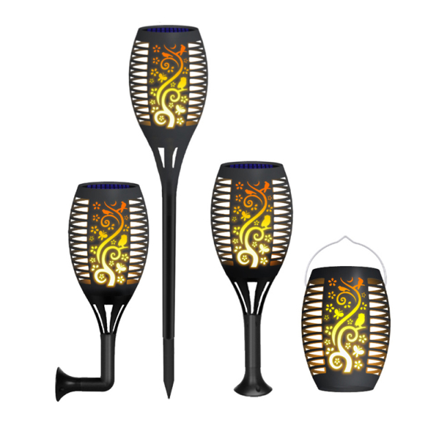 Milalit New Hollow Pattern Solar Tiki Flame Torch Light 14LED Wall Mounted Hook Hanging Ground Insert Flickering Dance Fire Table Lamps Dance Fire Wall Mounted Flame Stake Lamp Garden Torch Light with Ground Base Hanging Lawn Insert Accessories