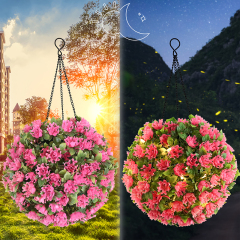 Milalit Hanging Flower Bunch Light Solar LED Lamp Artificial Plastic Plant Lighting Romantic Rose Pink Floral Ball for Outdoor Proposal Wedding Ornaments Decoration