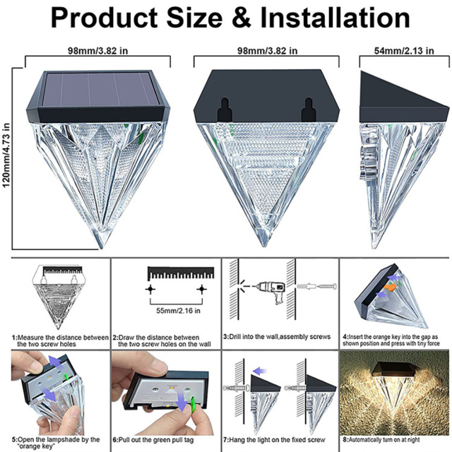 Milalit Solar Diamond Shape Step Lamp High Brightness Shining Decorative Wall Light Weather Resistant Waterproof Outdoor Step Light for Garden Fence Balcony Dormitory Decoration Lighting