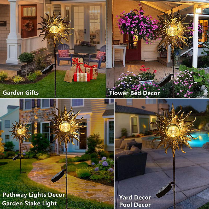 Milalit Durable Sun Solar Lights Garden Outdoor Waterproof Metal Iron Sun-Shape Decorative LED Stake Lamp for Walkway Yard Lawn Patio Porch