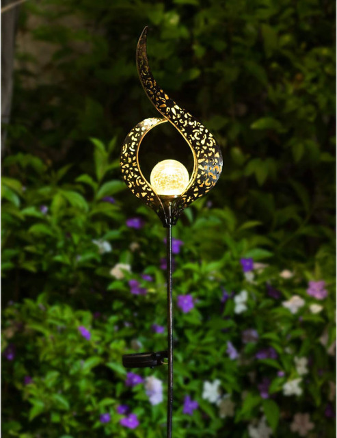 Milalit Outdoor Solar Lights Garden Crackle Glass Globe Stake Lights Metal Craft Hollow Magic Wand Shape Waterproof LED Lights for Garden Lawn Patio Courtyard