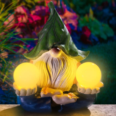 Milalit Garden Funny Gnome Outdoor Statues Dwarf Elves with 2 Round Solar Ball Yellow Light Resin Sculpture Statue Ornament for Porch