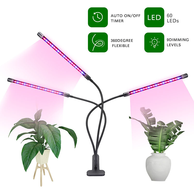 Milalit 3 Heads USB Interface 30W LED Grow Lamp Energy Save Growing Light with EU US UK Plug for Potted Plants Indoor Vegetable Fruits Tomatoes Flower Growing with Clamp Fixed Dimming Timer Function 3 in 1 Version
