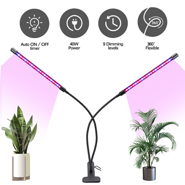 Milalit USB Double 2 Heads 2 in 1 LED Plant Grow Light with Timing Dimming Function Red Blue LED Lamp for Indoor Fruit Vegetables Potted Plant Lighting