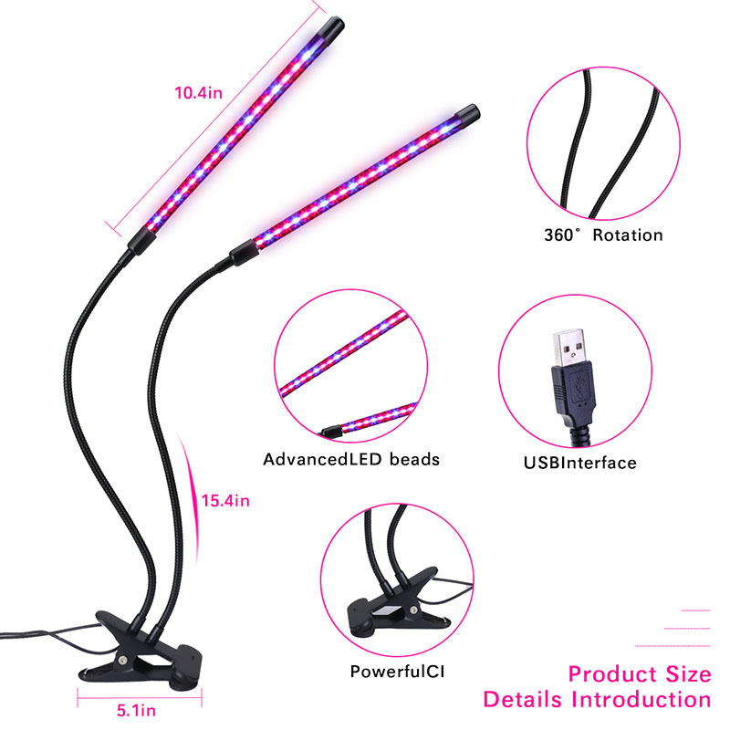Milalit USB Double 2 Heads 2 in 1 LED Plant Grow Light with Timing Dimming Function Red Blue LED Lamp for Indoor Fruit Vegetables Potted Plant Lighting