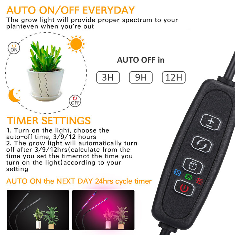 Milalit USB Double 2 Heads 2 in 1 LED Plant Grow Light with Timing Dimming Function Red Blue LED Lamp for Indoor Fruit Vegetables Potted Plant Lighting