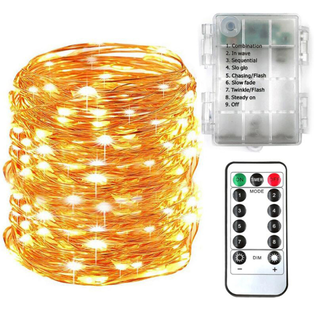 Milalit Battery Powered 10m 100LED Copper Decorative String Light for Holiday Christmas Tree Wedding Proposal Birthday Party Tree Decoration with Waterproof Power Case Remote Control