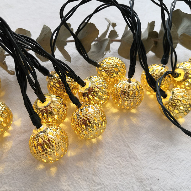 Milalit 5m 6.5m 7m Solar Powered Waterproof Morocco Style Golden Silver Round Ball 20 30 50 LED Hollow Craft Decorative Globe Sting Light Moroccan Metal Lamp for Christmas Halloween Thanksgiving Festival Holiday Birthday Party Decoration