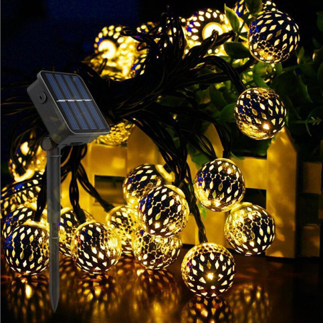 Milalit 5m 6.5m 7m Solar Powered Waterproof Morocco Style Golden Silver Round Ball 20 30 50 LED Hollow Craft Decorative Globe Sting Light Moroccan Metal Lamp for Christmas Halloween Thanksgiving Festival Holiday Birthday Party Decoration