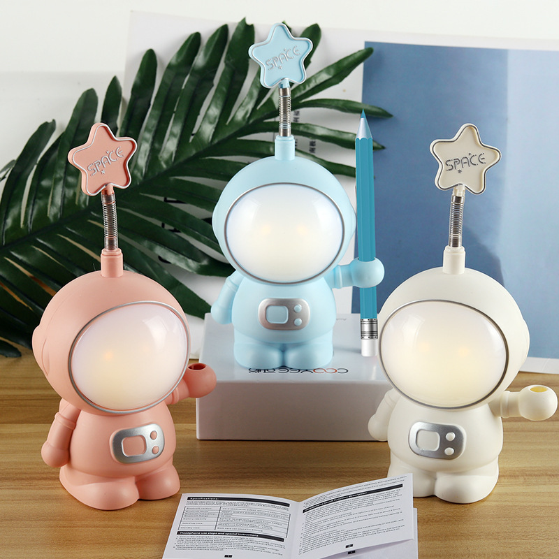 Milalit Modern Astronaut Solid Color LED Night Light Star Shape Design Table Book Lamp Reading Light with Pencil Sharpener Pen Holder for Students Kid Children Birthday Gift