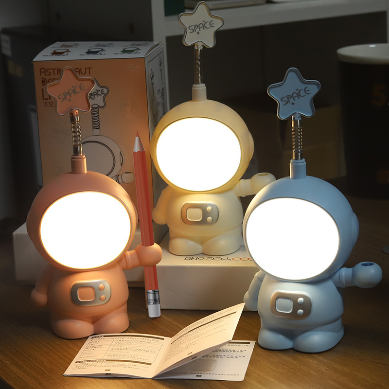 Milalit Modern Astronaut Solid Color LED Night Light Star Shape Design Table Book Lamp Reading Light with Pencil Sharpener Pen Holder for Students Kid Children Birthday Gift