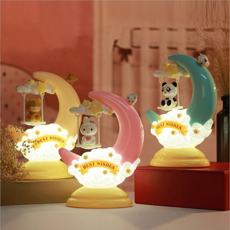 Milalit USB Rechargeable Cartoon Moon Light Touch Dimming Swing Pink Rabbit Kitty Blue Panda Yellow Bear LED Table Lamp for Kid Children Friends Birthday Gift