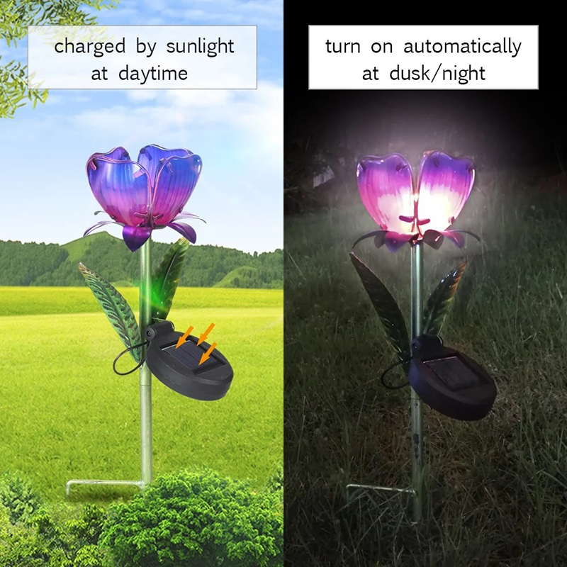 Milalit Outdoor Solar Metal Purple Orange Flower LED Lamp Glass Iron Craft Durable Waterproof Tulip Light for Garden Lawn Park Holiday Pathway Decoration