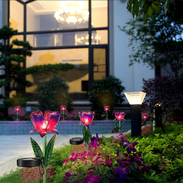 Milalit Outdoor Solar Metal Purple Orange Flower LED Lamp Glass Iron Craft Durable Waterproof Tulip Light for Garden Lawn Park Holiday Pathway Decoration