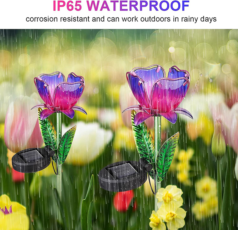 Milalit Outdoor Solar Metal Purple Orange Flower LED Lamp Glass Iron Craft Durable Waterproof Tulip Light for Garden Lawn Park Holiday Pathway Decoration