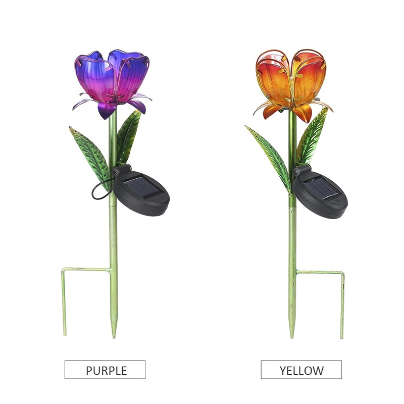 Milalit Outdoor Solar Metal Purple Orange Flower LED Lamp Glass Iron Craft Durable Waterproof Tulip Light for Garden Lawn Park Holiday Pathway Decoration