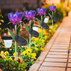 Milalit Outdoor Solar Metal Purple Orange Flower LED Lamp Glass Iron Craft Durable Waterproof Tulip Light for Garden Lawn Park Holiday Pathway Decoration