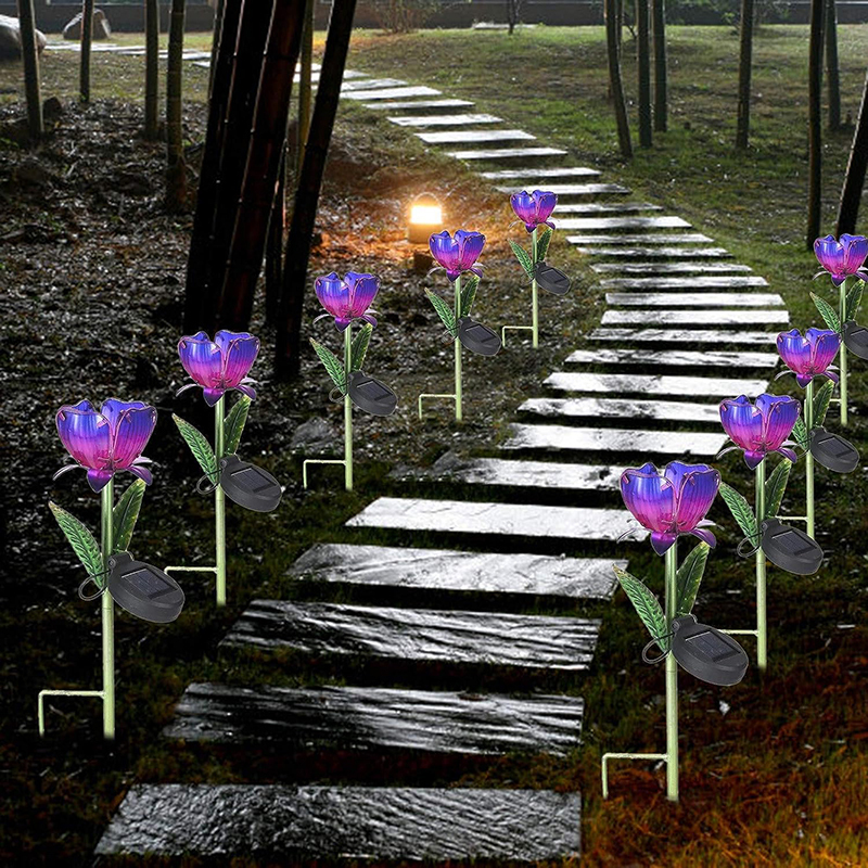 Milalit Outdoor Solar Metal Purple Orange Flower LED Lamp Glass Iron Craft Durable Waterproof Tulip Light for Garden Lawn Park Holiday Pathway Decoration