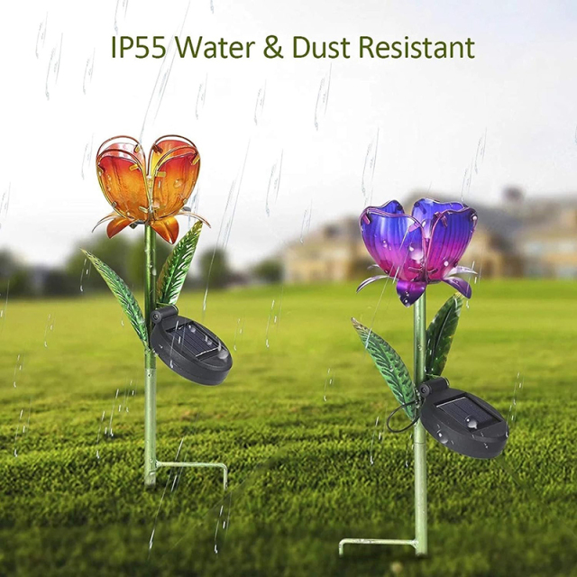 Milalit Outdoor Solar Metal Purple Orange Flower LED Lamp Glass Iron Craft Durable Waterproof Tulip Light for Garden Lawn Park Holiday Pathway Decoration