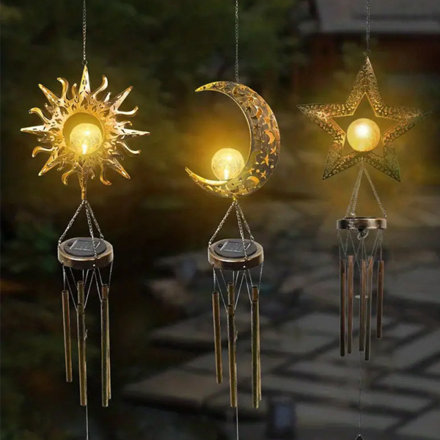 Milalit Solar Wind Chimes Outdoor Waterproof IP65 Hanging Aeolian Bell Hight Brightness LED Lamp with Moon Star Sun Shape Sunlight Powered Metal Iron Music Wind Chime with Crack Glass Ball Light