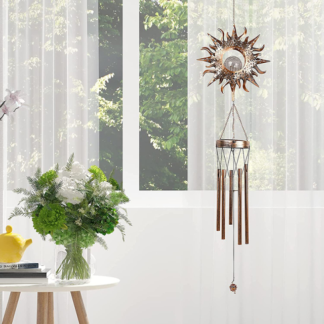 Milalit Solar Wind Chimes Outdoor Waterproof IP65 Hanging Aeolian Bell Hight Brightness LED Lamp with Moon Star Sun Shape Sunlight Powered Metal Iron Music Wind Chime with Crack Glass Ball Light