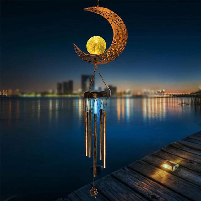 Milalit Solar Wind Chimes Outdoor Waterproof IP65 Hanging Aeolian Bell Hight Brightness LED Lamp with Moon Star Sun Shape Sunlight Powered Metal Iron Music Wind Chime with Crack Glass Ball Light