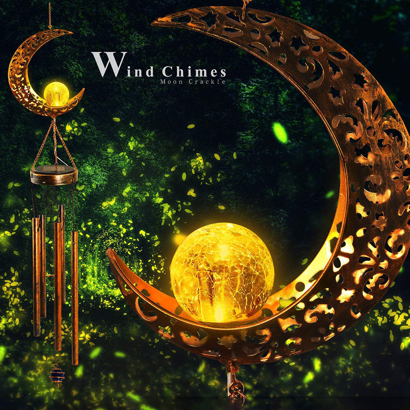 Milalit Solar Wind Chimes Outdoor Waterproof IP65 Hanging Aeolian Bell Hight Brightness LED Lamp with Moon Star Sun Shape Sunlight Powered Metal Iron Music Wind Chime with Crack Glass Ball Light