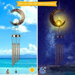 Milalit Solar Wind Chimes Outdoor Waterproof IP65 Hanging Aeolian Bell Hight Brightness LED Lamp with Moon Star Sun Shape Sunlight Powered Metal Iron Music Wind Chime with Crack Glass Ball Light