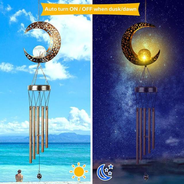Milalit Solar Wind Chimes Outdoor Waterproof IP65 Hanging Aeolian Bell Hight Brightness LED Lamp with Moon Star Sun Shape Sunlight Powered Metal Iron Music Wind Chime with Crack Glass Ball Light