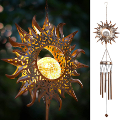 Milalit Solar Wind Chimes Outdoor Waterproof IP65 Hanging Aeolian Bell Hight Brightness LED Lamp with Moon Star Sun Shape Sunlight Powered Metal Iron Music Wind Chime with Crack Glass Ball Light
