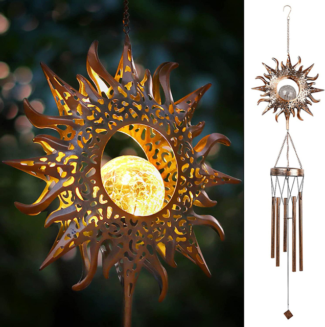 Milalit Solar Wind Chimes Outdoor Waterproof IP65 Hanging Aeolian Bell Hight Brightness LED Lamp with Moon Star Sun Shape Sunlight Powered Metal Iron Music Wind Chime with Crack Glass Ball Light