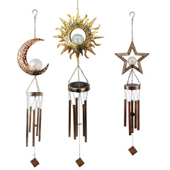 Milalit Solar Wind Chimes Outdoor Waterproof IP65 Hanging Aeolian Bell Hight Brightness LED Lamp with Moon Star Sun Shape Sunlight Powered Metal Iron Music Wind Chime with Crack Glass Ball Light