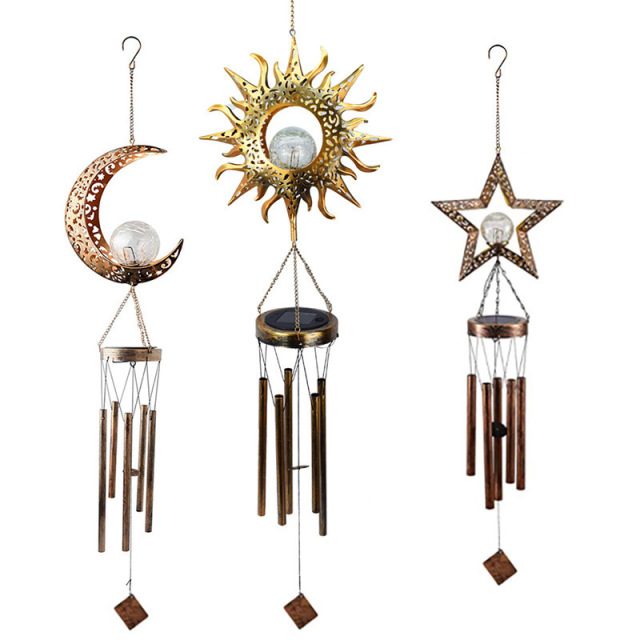 Milalit Solar Wind Chimes Outdoor Waterproof IP65 Hanging Aeolian Bell Hight Brightness LED Lamp with Moon Star Sun Shape Sunlight Powered Metal Iron Music Wind Chime with Crack Glass Ball Light
