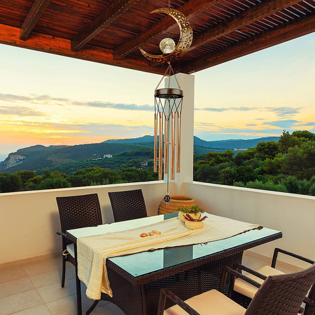 Milalit Solar Wind Chimes Outdoor Waterproof IP65 Hanging Aeolian Bell Hight Brightness LED Lamp with Moon Star Sun Shape Sunlight Powered Metal Iron Music Wind Chime with Crack Glass Ball Light