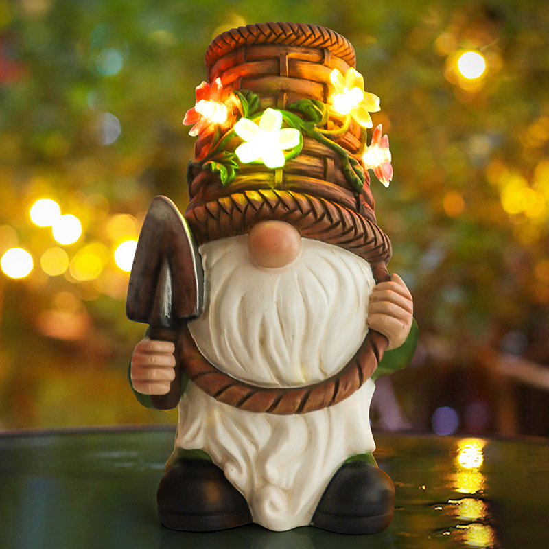 Milalit Resin Cartoon Dwarf Carring a Shovel Craftsmanship Gnome Cute Garden Statues Wearing a Basket Hat with Solar LED Light Flower Decoration Night Light for Outdoor Lawn Patio Yard Party Decor