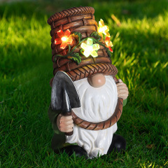 Milalit Resin Cartoon Dwarf Carring a Shovel Craftsmanship Gnome Cute Garden Statues Wearing a Basket Hat with Solar LED Light Flower Decoration Night Light for Outdoor Lawn Patio Yard Party Decor