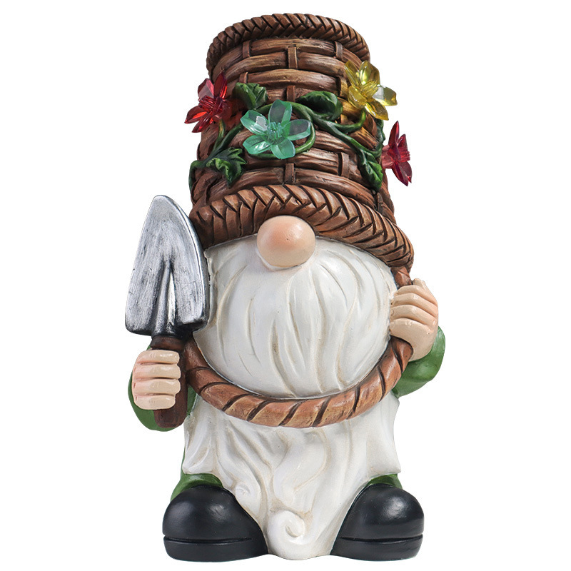 Milalit Resin Cartoon Dwarf Carring a Shovel Craftsmanship Gnome Cute Garden Statues Wearing a Basket Hat with Solar LED Light Flower Decoration Night Light for Outdoor Lawn Patio Yard Party Decor