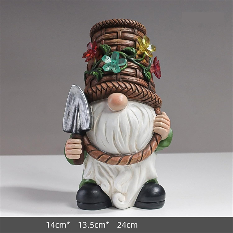 Milalit Resin Cartoon Dwarf Carring a Shovel Craftsmanship Gnome Cute Garden Statues Wearing a Basket Hat with Solar LED Light Flower Decoration Night Light for Outdoor Lawn Patio Yard Party Decor