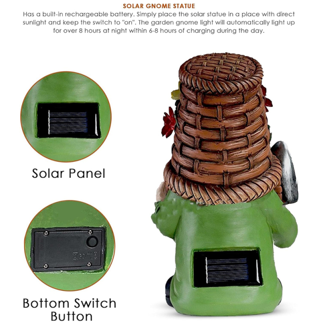 Milalit Resin Cartoon Dwarf Carring a Shovel Craftsmanship Gnome Cute Garden Statues Wearing a Basket Hat with Solar LED Light Flower Decoration Night Light for Outdoor Lawn Patio Yard Party Decor