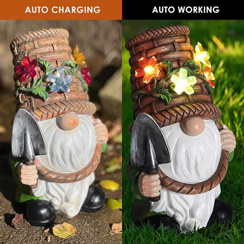 Milalit Resin Cartoon Dwarf Carring a Shovel Craftsmanship Gnome Cute Garden Statues Wearing a Basket Hat with Solar LED Light Flower Decoration Night Light for Outdoor Lawn Patio Yard Party Decor