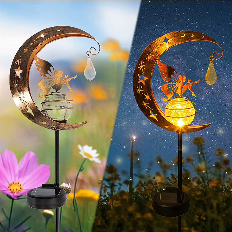 Milalit Solar Iron Metal Butterfly Girl Stake Light Moon Shape Lawn Insert LED Lamp Moon Fairy Glass Globe with Angel Decoration Waterproof Warm LED Light Decorations for Pathway Lawn Patio Yard Backyard